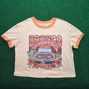Ford Bronco Tshirt Womens XL Oranger Ringer Cropped Classic Truck 1970s Casual